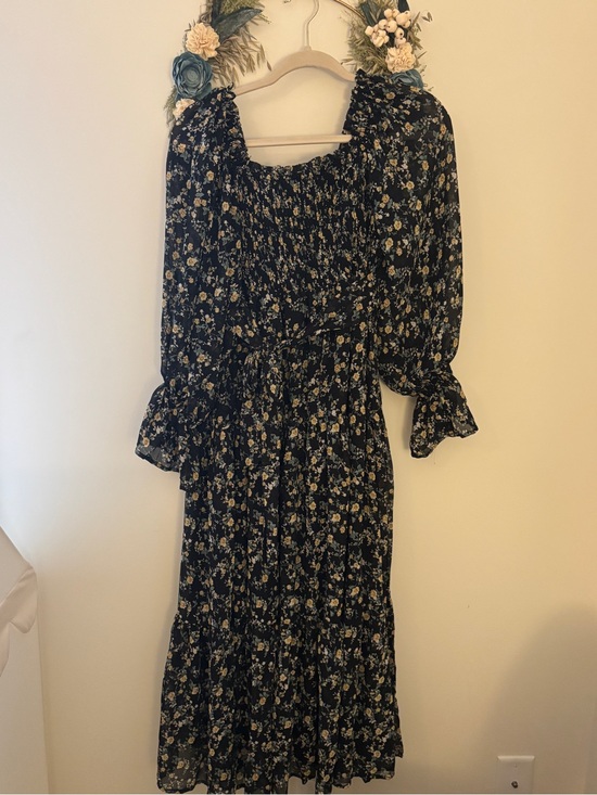 Vici Dresses & Skirts - Vici Navy Floral Smocked Midi Dress with Long Sleeves